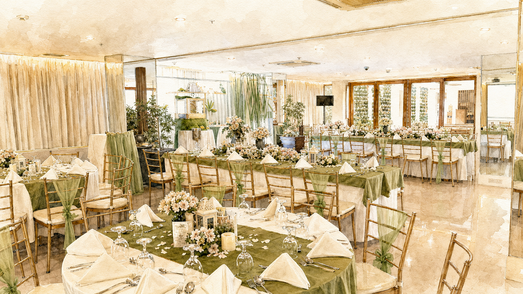 An evening reception set-up with round tables and string lights at Selah Garden Hotel