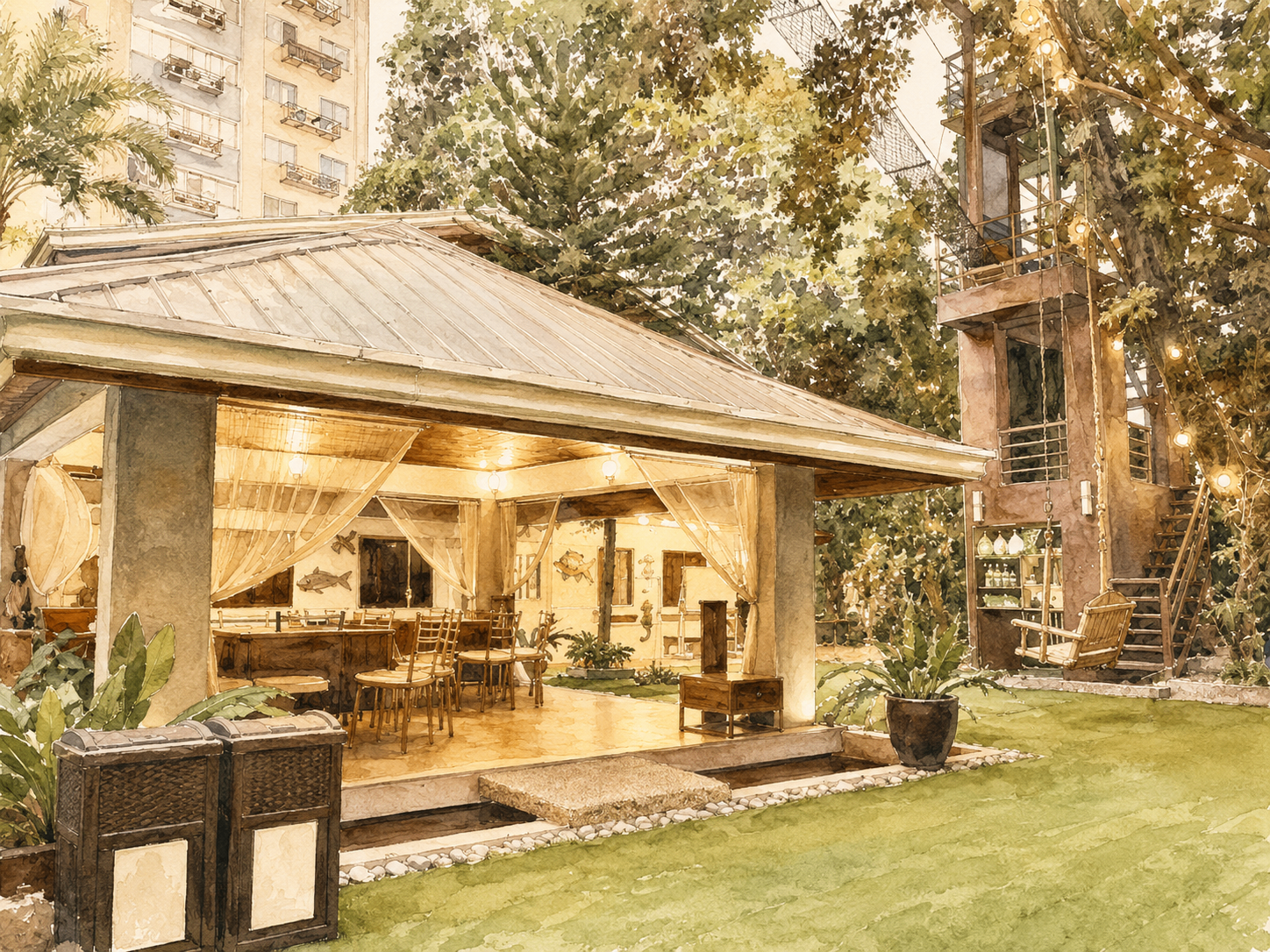 The open-air pavilion at Selah Garden Hotel, framed by tropical greenery