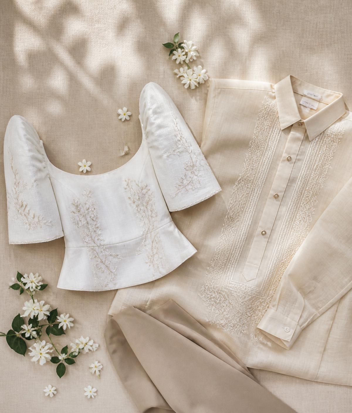 Modern Filipiniana attire - an off-white terno and a cream barong tagalog